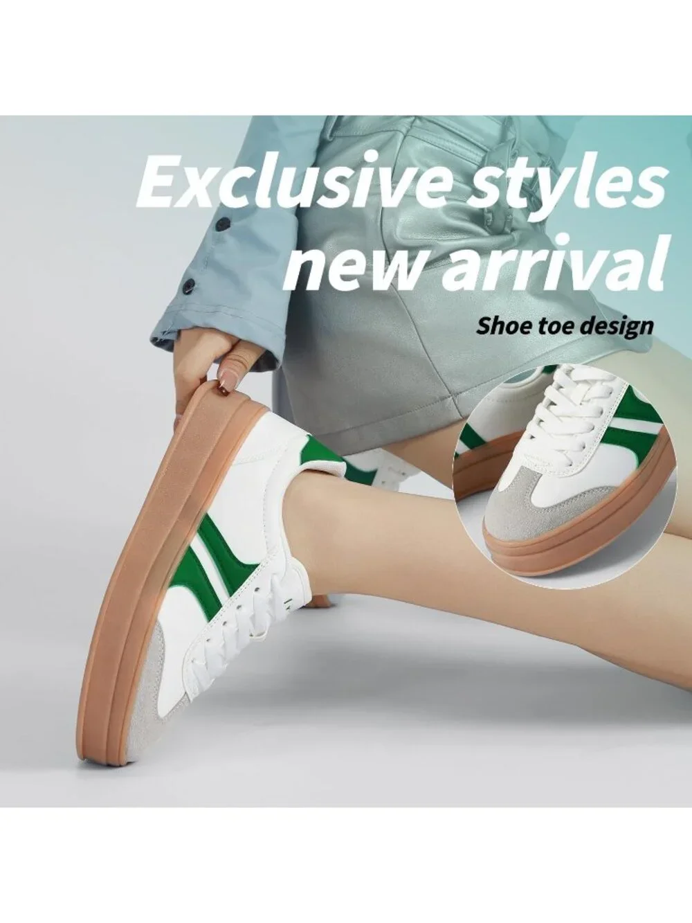 🆕Women's White Green Gum Sole Fashion Sneakers Thick Platform Sole Rubber Shoes